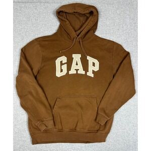 GAP Hoodie Wms L Arch Logo Fleece Brown Cream Applique Pullover Y2K 90s